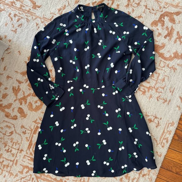 NWT Banana Republic Cherry Print Fit & Flare Dress Blouson Sleeve 12P Navy Women - Picture 4 of 4